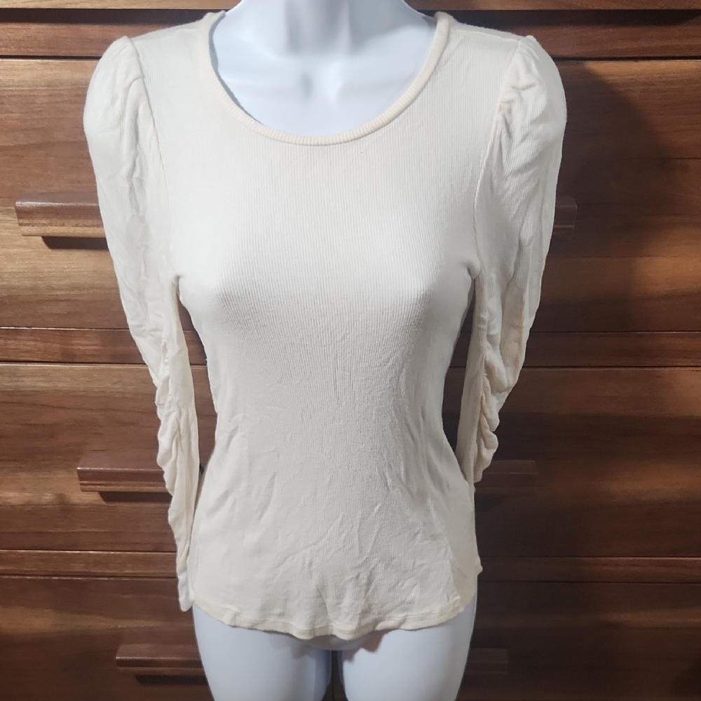Bar III Cream Round Neck Rouched Casual SMALL Long Sleeve Top